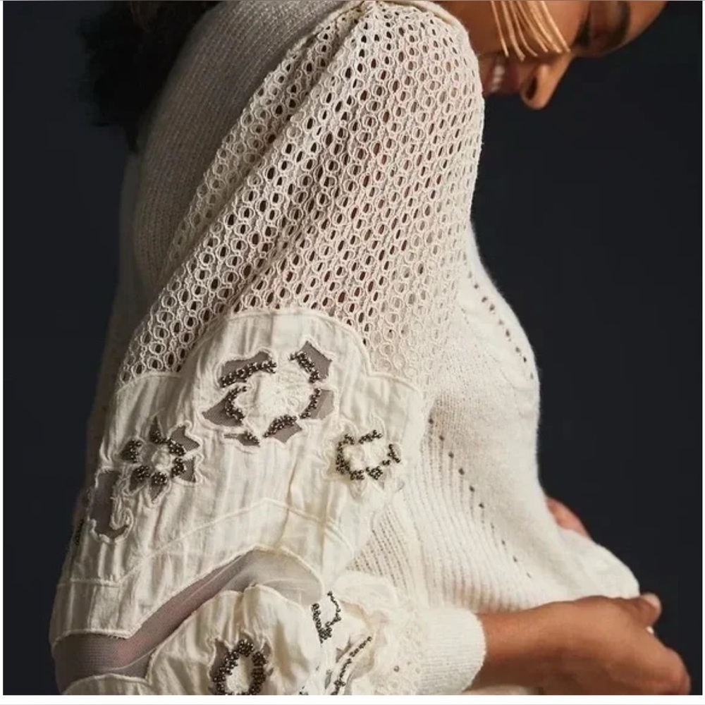 Anthropologie Eyelet Lace Sweater Embroidered embellished Sleeves